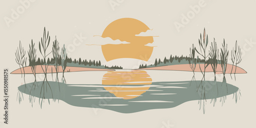 Minimalist Lake Landscape with Sunset and Reflections Featuring Trees Water and Soft Pastel Colors in a Serene and Peaceful Scene