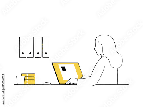 Focused Office Task: A minimalist line drawing of a woman diligently working at a desk, her gaze fixed on a laptop screen, accompanied by organizational office supplies.