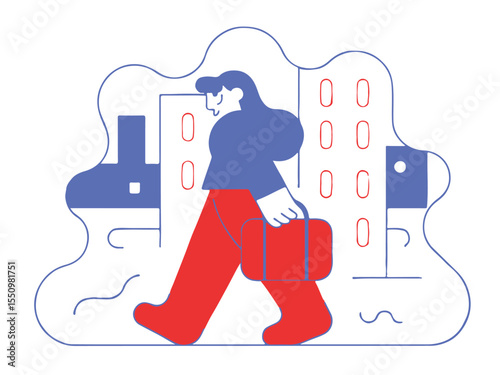 City Commuter: A stylized illustration of a person, briefcase in hand, traversing a cityscape. The design, done in a minimalist style, suggests daily routines and the hustle of city life.