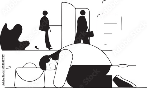 Burnout in the urban life: A poignant depiction of a person collapsed in exhaustion amidst the starkness of urban life, symbolizing the heavy toll of stress and pressure