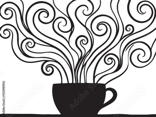 Aromatic Coffee Cup: An artistic silhouette of a steaming coffee cup, emanating elegant swirls that convey the sensory experience of a freshly brewed beverage.