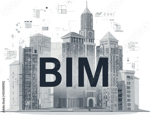 Create a BIM - building information modeling. The concept of business. Modern illustration in a futuristic style with models buildings and inscription BIM. with white background.