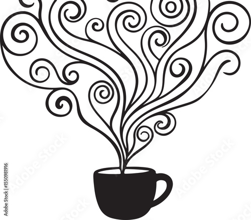 Steaming Cup of Comfort: A stylish, monochrome illustration of a coffee cup emitting swirling steam, perfect for projects themed around warmth and beverage culture.