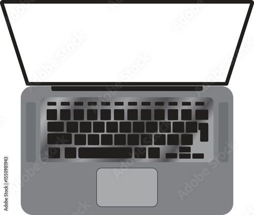 Flat vector illustration of an open laptop with green screen from top view angle. Ideal for technology, online work, or remote education themes. Simple editable digital graphic for UI concept use.