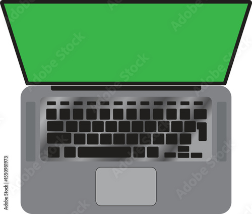 Flat vector illustration of an open laptop with green screen from top view angle. Ideal for technology, online work, or remote education themes. Simple editable digital graphic for UI concept use.