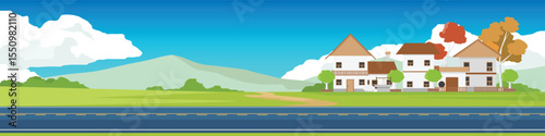 Horizontal and Landscape of Asphalt road. Rural village in a retro European style. Surrounded by vast grasslands and connected by dirt roads. With mountain under white clouds and blue sky.