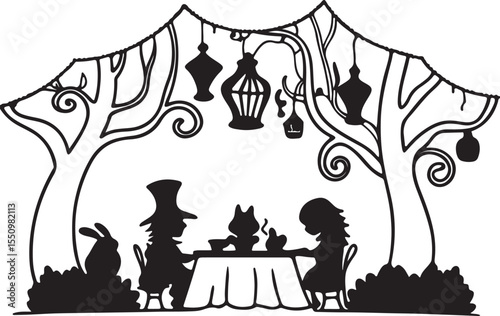Wonderland Silhouette: A whimsical silhouette depicts a storybook tea party set amidst fanciful trees, evoking a sense of enchantment and fantasy.