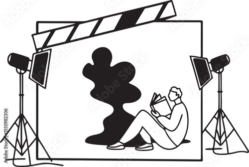 Art of Filming Scene: A behind-the-scenes glimpse of movie production, with an artist immersed in their script during filming, framed by film equipment.