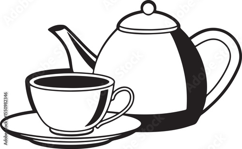 Serene Tea Time Still Life: A simple, elegant illustration of a teapot and teacup set, embodying tranquility and the classic ritual of enjoying tea.