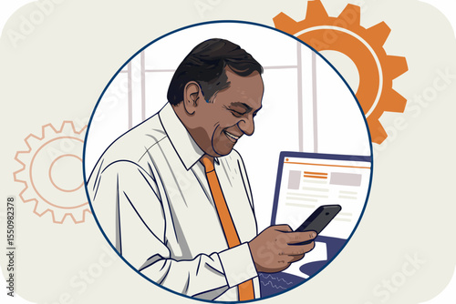 Close-up of smiling mature Latin or Indian businessman holding smartphone in office. Middle aged manager using cell phone mobile app. Digital technology application and solutions for business concept