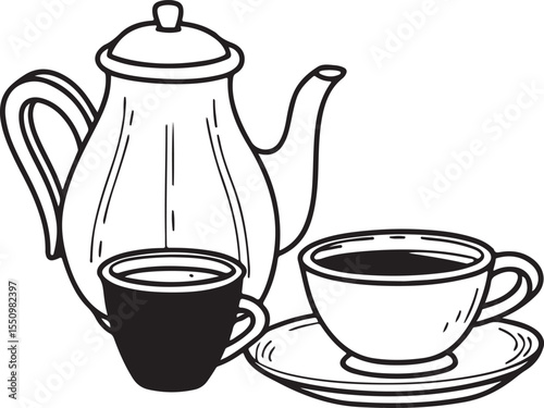 Coffee and Tea Set: A simple line drawing illustration of a coffee pot and a teacup on a saucer. Perfect for menus or cafe-themed designs. 
