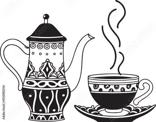 Ornate Tea Set: Elegant black and white illustration of an ornate tea set with steam rising from a cup, showcasing intricate patterns and design, evokes sense of calmness and comfort.