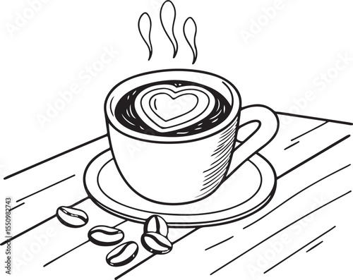 Love in a Cup: A charming illustration of a steaming cup of coffee with a heart-shaped design, symbolizing warmth, comfort, and affection.