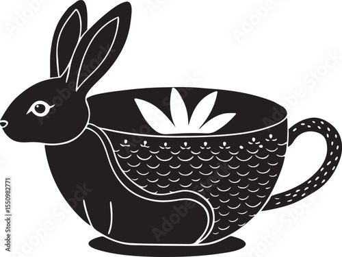 Whimsical Rabbit Teacup Silhouette: A charming silhouette of a rabbit perched inside a teacup, evoking a sense of fantasy and wonder with its intricate design.