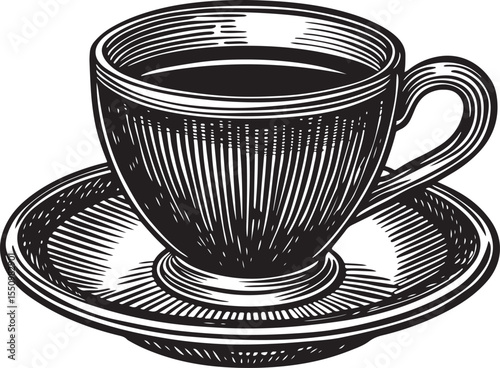 Coffee Cup Engraving: An intricate, grayscale engraving of a coffee cup and saucer, showcasing the elegance of the morning ritual and coffee break moments. 