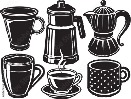 Coffee Collection:  A curated selection of coffee apparatuses in a modern grayscale graphic. Illustrating coffee, espresso, and beverage culture. 
