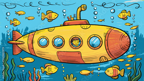 Cartoon Yellow Submarine Underwater with Fish and Bubbles vector illustration,Generative Ai