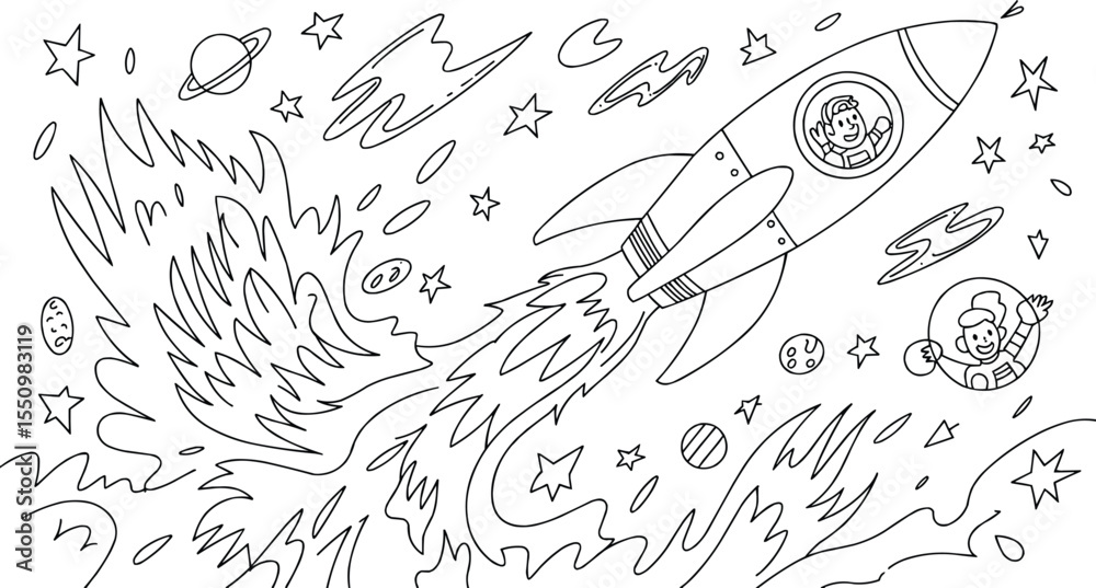 Obraz premium Rocket and Space Scene coloring page Line Art Drawing with Astronaut vector illustration,Generative Ai