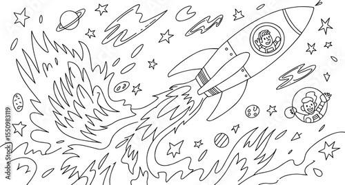 Rocket and Space Scene coloring page Line Art Drawing with Astronaut vector illustration,Generative Ai