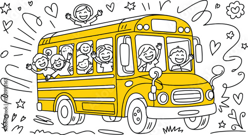 Partially coloring page Colored Yellow School Bus with Happy Kids vector illustration,Generative Ai