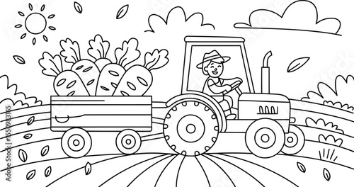 Coloring Page Style Tractor with Carrots and Farmer vector illustration,Generative Ai