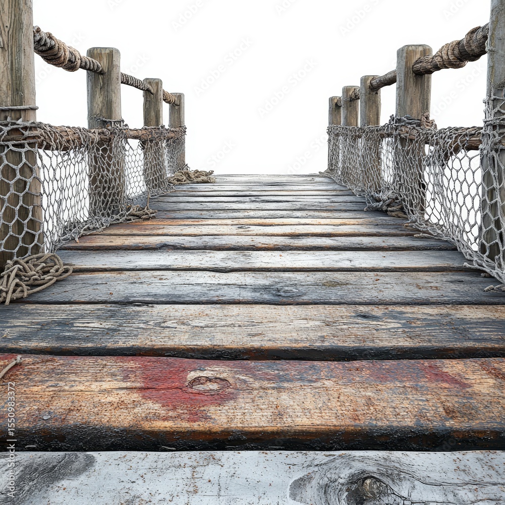 Naklejka premium A rustic wooden pier with rope railings and netting, extending into a bright, white background.