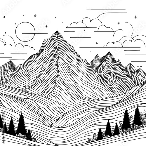 Majestic Mountain Peaks: A Line Art Landscape