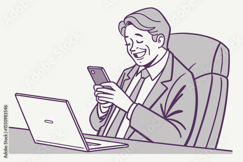 Happy older mid aged business man ceo executive, mature businessman manager sitting in modern office holding smartphone using mobile cell phone managing digital tech transactions on cellphone at work