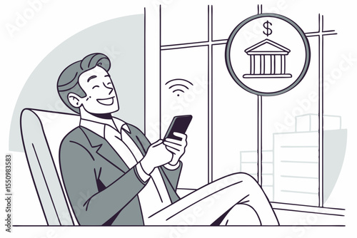 Happy older mid aged business man ceo executive, mature businessman manager sitting in modern office holding smartphone using mobile cell phone managing digital tech transactions on cellphone at work