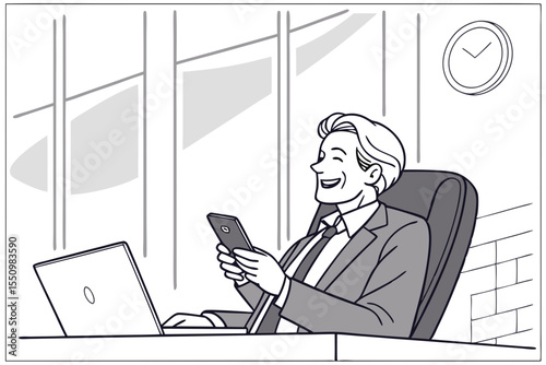 Happy older mid aged business man ceo executive, mature businessman manager sitting in modern office holding smartphone using mobile cell phone managing digital tech transactions on cellphone at work