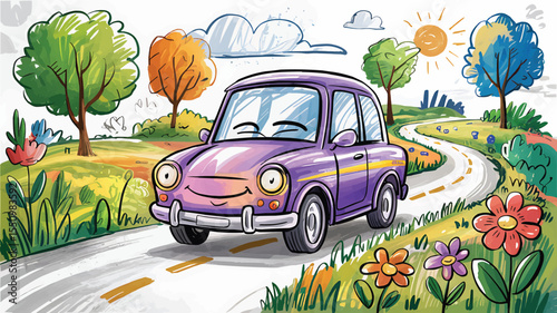 Crayon Style Cartoon Purple Car Driving on Scenic Road vector illustration,Generative Ai