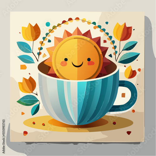 A comforting vector greeting card with a large teacup, flowers and a smiling sun, illustrated in uplifting Bauhaus design and 3D style.