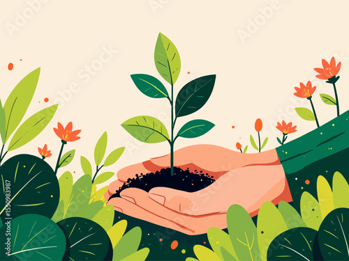 Hands nurturing a young plant, symbolizing growth, care, and the importance of environmental stewardship in gardening