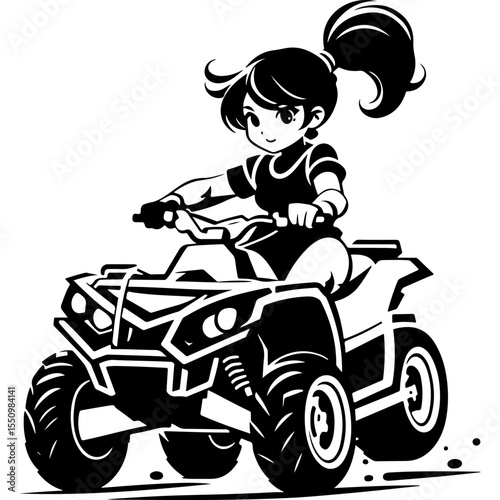 Sketchy sport emblem of Girl with ponytail riding quad bike off-road. Engraving minimalistic vector in black ink drawing on transparent background
