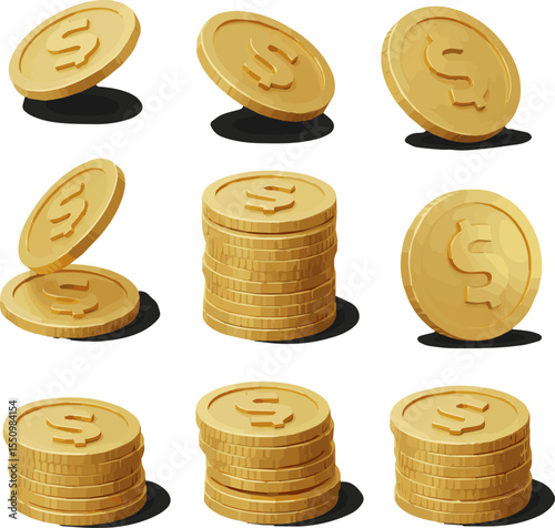Create a kinds of deferent Realistic 3D golden coins in different positions - perspective, isometric, frontal, rotating. vector art with white background,