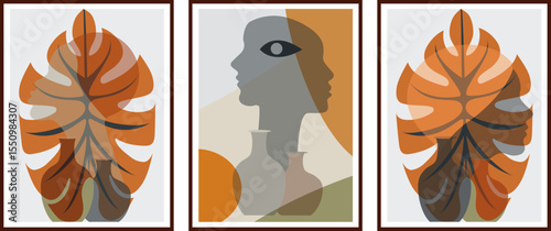Girl And nature Abstract wall art painting.A set of three framed abstract art prints that form a cohesive triptych. The design features a central panel with an abstract human 