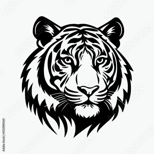 A striking and detailed illustration of a tiger's head, rendered in bold black and white. This powerful image captures the intensity and majesty of the big cat, making it ideal for logos, sports masco