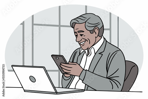 Middle aged Hispanic business manager ceo using cell phone mobile app, laptop. Smiling Latin or Indian mature man businessman holding smartphone sit in office working online on gadget with copy space