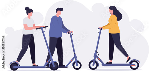 Create a People Characters Using E-Scooter Sharing for City Travel. Man and Woman Picking up Electric Scooter. Eco Friendly and Shared Mobility Vehicle Concept. vector art with white background.