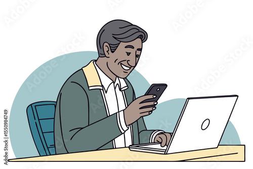 Middle aged Hispanic business manager ceo using cell phone mobile app, laptop. Smiling Latin or Indian mature man businessman holding smartphone sit in office working online on gadget with copy space