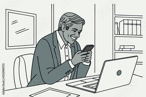 Middle aged Hispanic business manager ceo using cell phone mobile app, laptop. Smiling Latin or Indian mature man businessman holding smartphone sit in office working online on gadget with copy space
