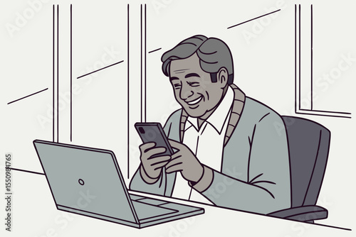 Middle aged Hispanic business manager ceo using cell phone mobile app, laptop. Smiling Latin or Indian mature man businessman holding smartphone sit in office working online on gadget with copy space