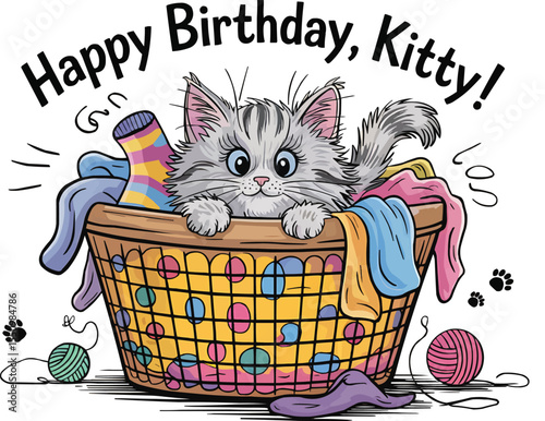 Cute Kitten in Laundry Basket with Birthday Text card Vector Illustration,Generative Ai