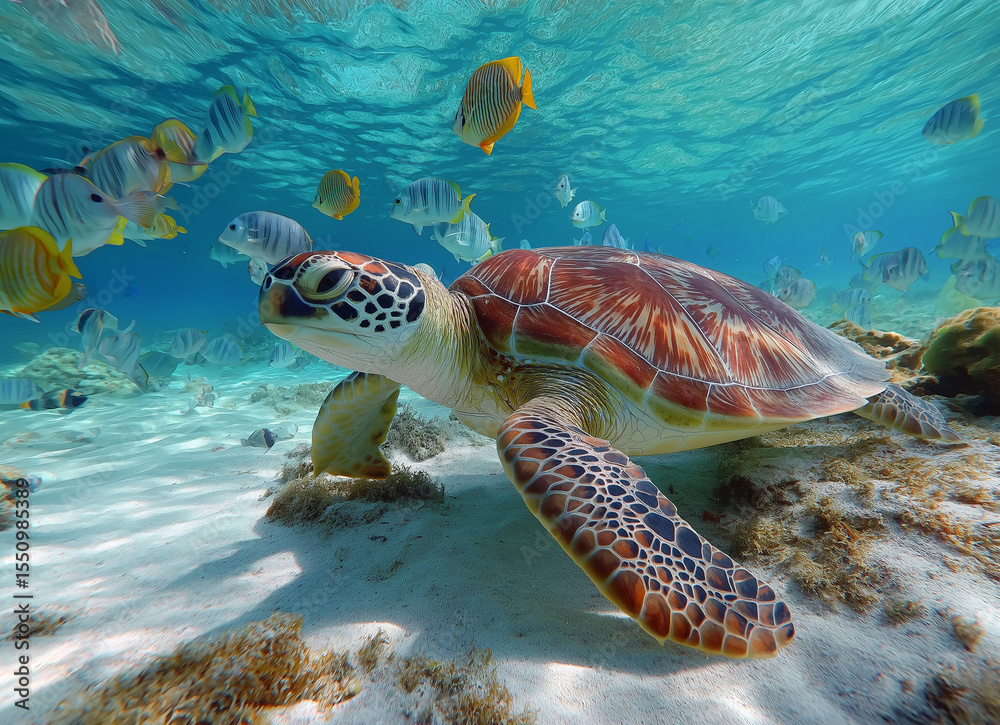 Fototapeta premium A colorful sea turtle swimming gracefully near the sandy ocean floor