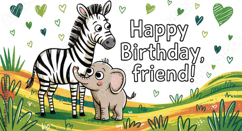 Cute zebra and elephant birthday greeting card vector illustration,Generative Ai