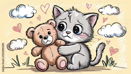 Cute cat hugging teddy bear in pastel cartoon crayon sketch style vector illustration,Generative Ai