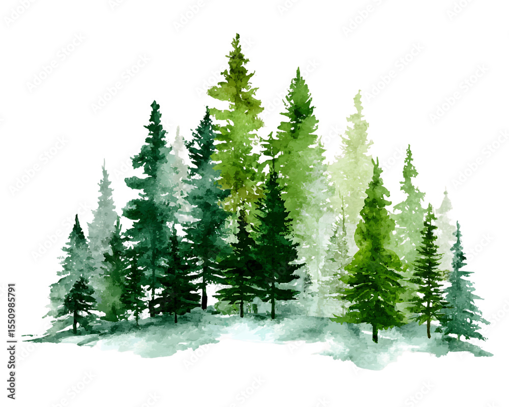 Fototapeta premium Lush Watercolor Evergreen Trees on Transparent Background, PNG