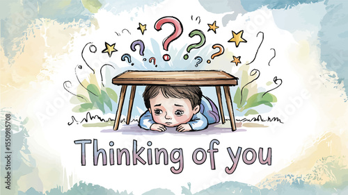 Watercolor sad child hiding under table with questions crayon sketch card vector illustration,Generative Ai