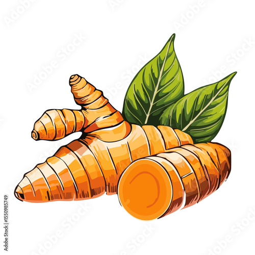 Turmeric root vector color illustration in sketch style. Line art of useful spice for packaging and design.