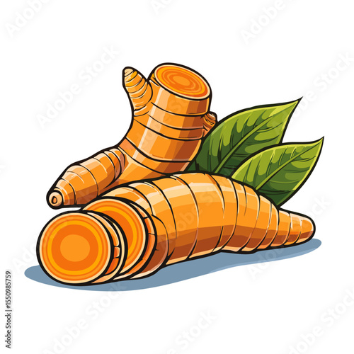 Turmeric root vector color illustration in sketch style. Line art of useful spice for packaging and design.